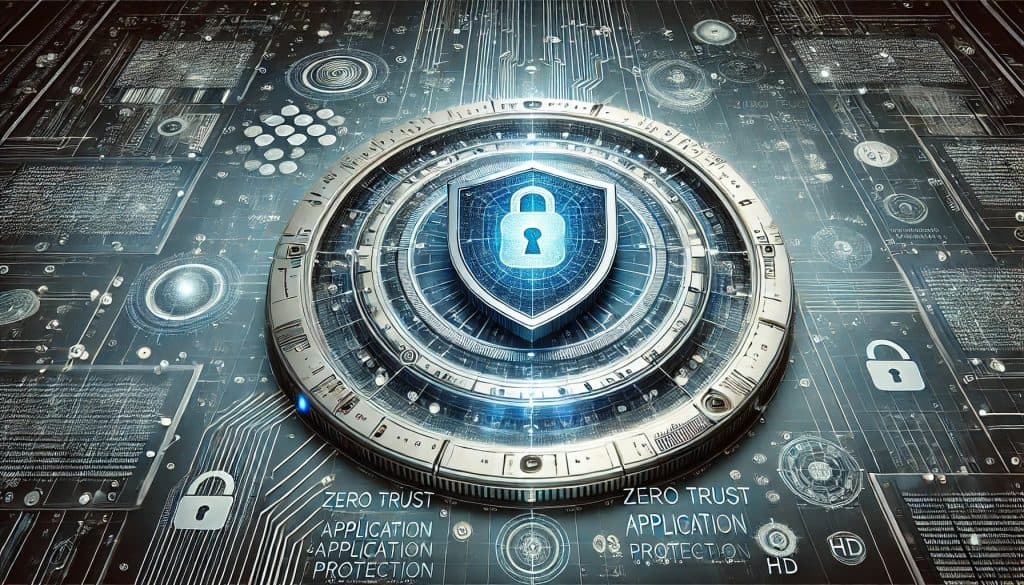 An example of Zero Trust application protection, showing a digital shield surrounding a secure application interface with encrypted data flows and security protocols against a futuristic metallic backdrop.