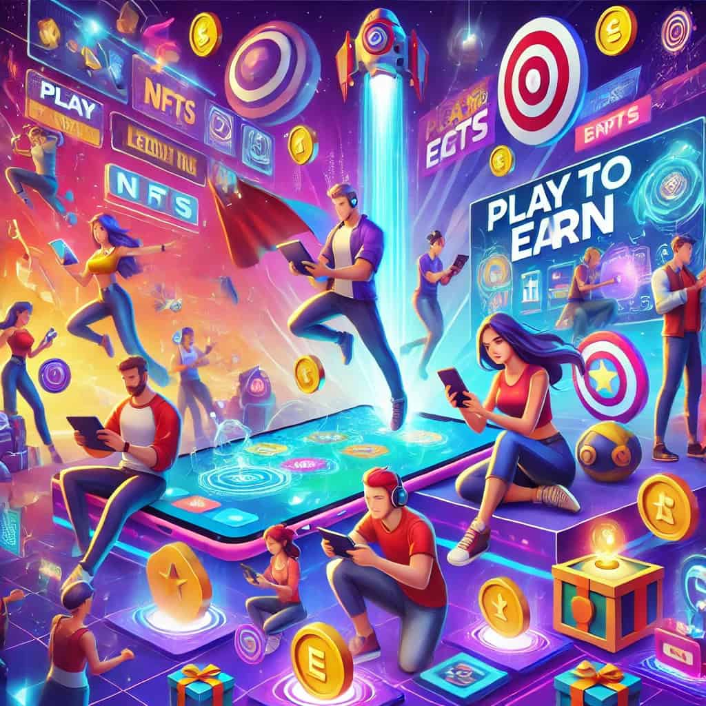 Dynamic and colorful scenes featuring a variety of characters engaging with digital devices such as smartphones, tablets, and computers to earn rewards such as virtual coins, NFTs, and game items. The background shows a gaming environment with leaderboards, treasure chests, and glowing game icons, while the characters are in action poses and look enthusiastic and focused.