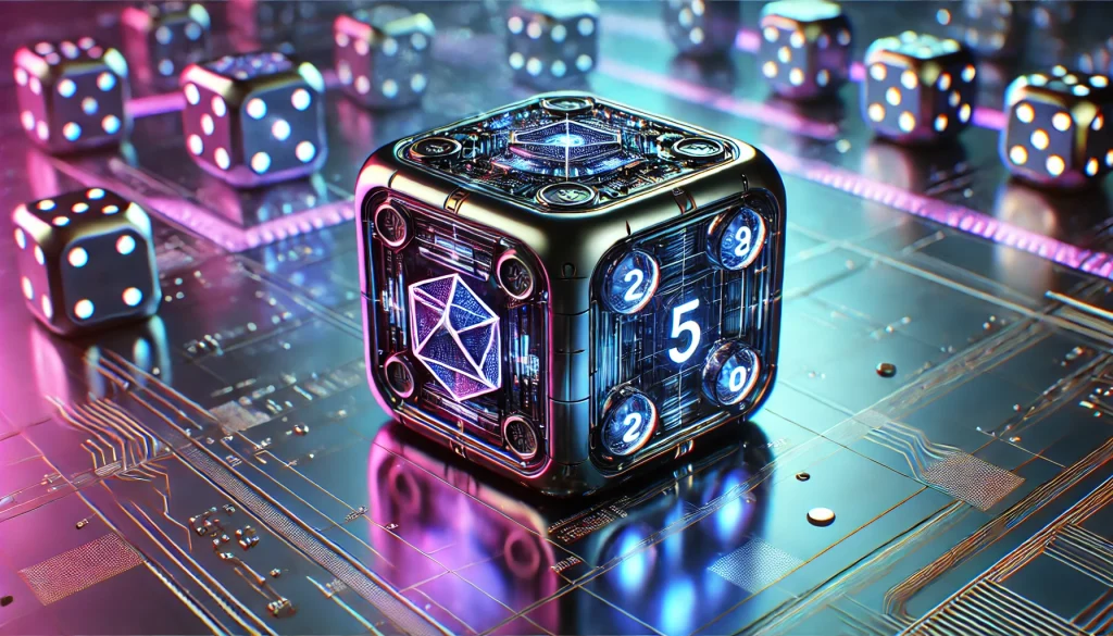 A futuristic dice token that glows with neon blue and purple light, set in a cyberpunk environment with holographic screens and circuit patterns. The sleek dice design features embedded numbers that reflect high-tech and metallic aesthetics.