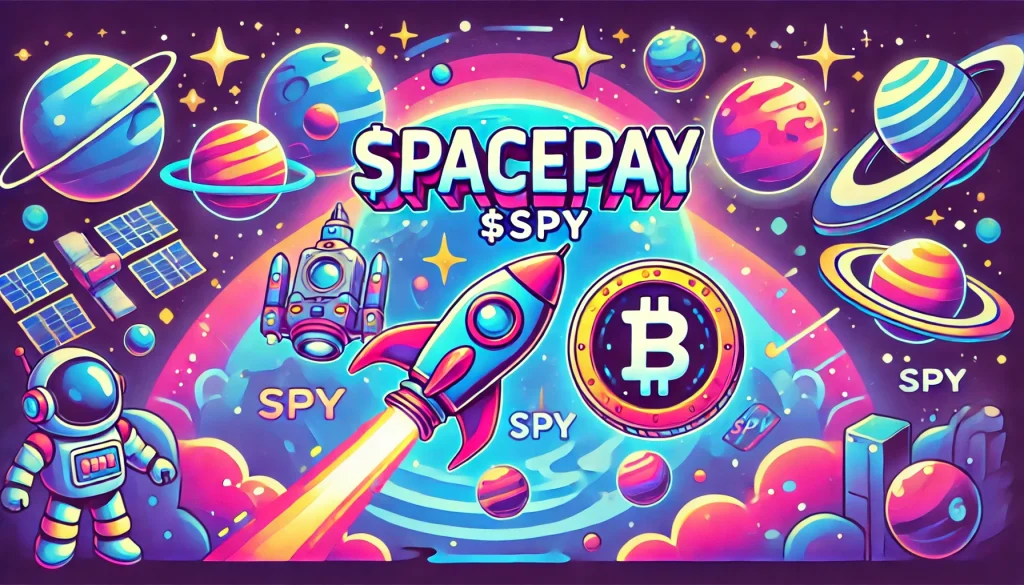 A vibrant and playful space-themed image promoting the SpacePay ($SPY) token. The scene features a glowing SpacePay token against a backdrop of colorful planets, stars, and cartoonish spaceships. The colors are bold and dynamic, with shades of blue, purple, and pink.