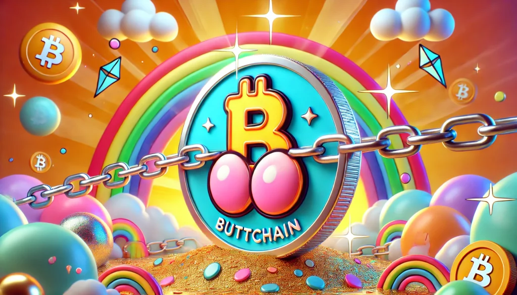 A digital scene of a large, shiny coin and a cartoonish "mate" design wrapped in a chain. The background is filled with whimsical elements such as cartoon clouds, rainbows, and sparkles. The words "naked chain" appear in a bold, energetic font that's integrated into the design.