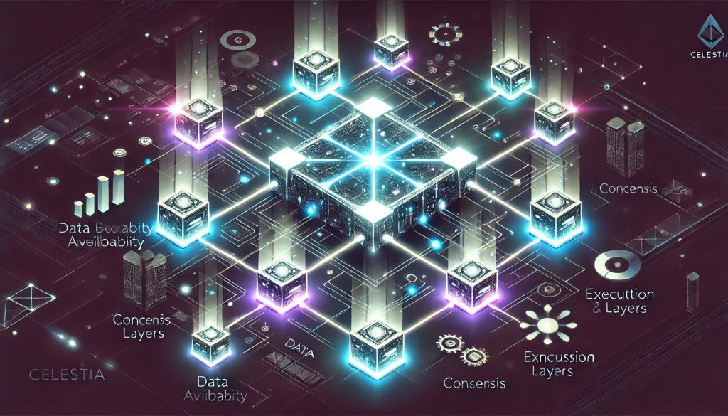 Celestia's Modular Blockchain Ecosystem: An ultra-modern depiction of Celestia's modular blockchain ecosystem, featuring interconnected modules with glowing neon colors like blue, purple, and white on a dark background. The modules are connected by light paths, symbolizing the modularity and interconnectedness of the ecosystem.