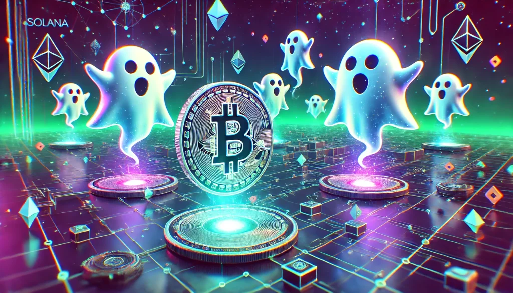 A futuristic digital landscape showcasing Lucky Boo tokens like glowing ghosts floating in a high-tech environment against a backdrop of Solana's signature colors and blockchain-inspired nodes.