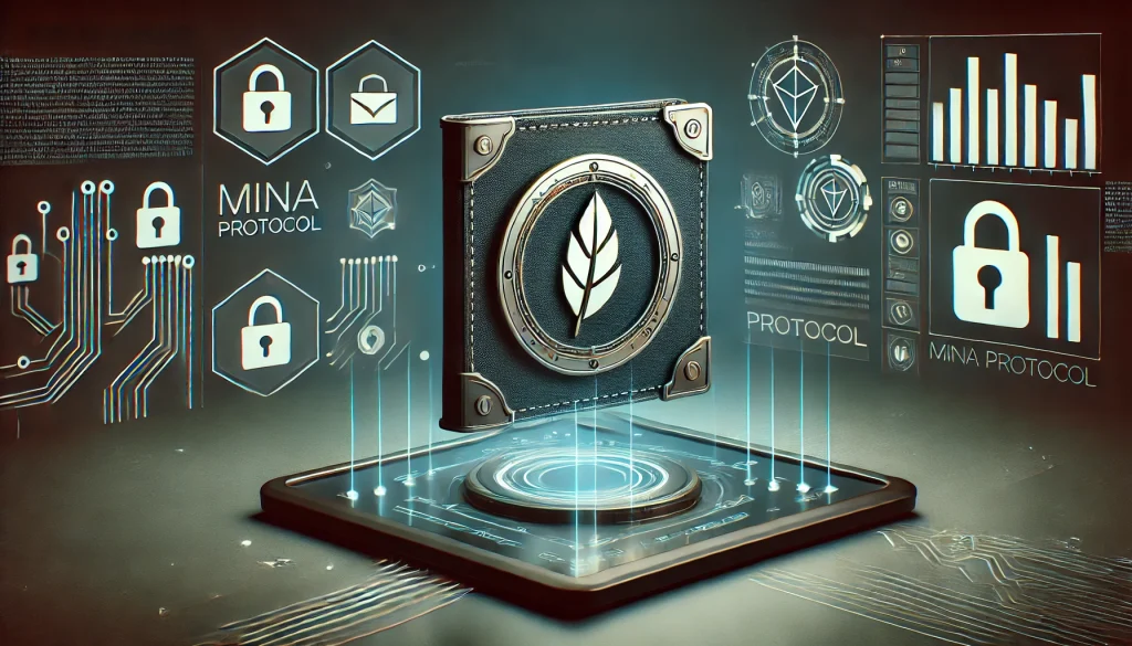 An ultra-modern digital wallet interface for the Mina protocol, displayed on a sleek touchscreen device. The minimalist design features a shield-like security icon, highlighted by dark tones with blue and green accents against a backdrop of blockchain elements and encrypted data streams.