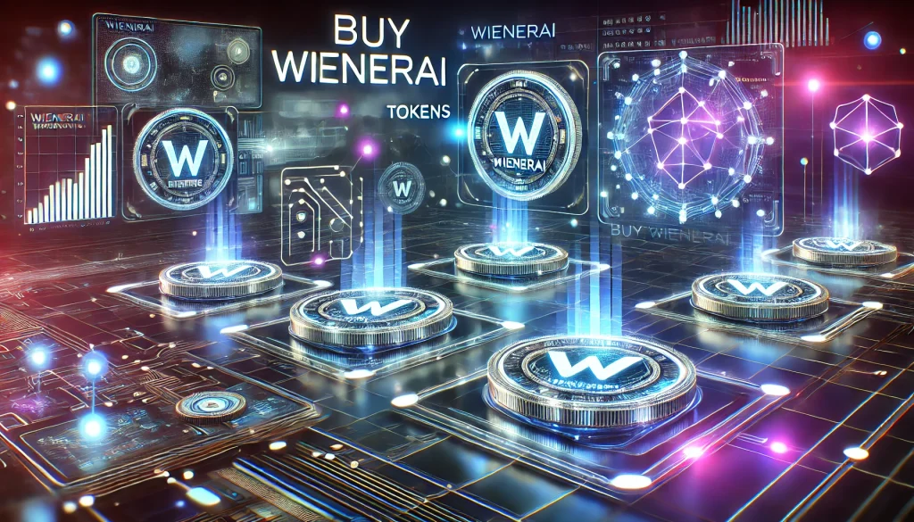 An ultra-modern scene showing the Winner AI token shining in a sleek, high-tech digital environment. The holographic interface, blockchain elements, and neon lights emphasize the advanced technology behind the token. The background features a grid and connected nodes, with shades of blue, silver, and purple creating an immersive tech atmosphere.