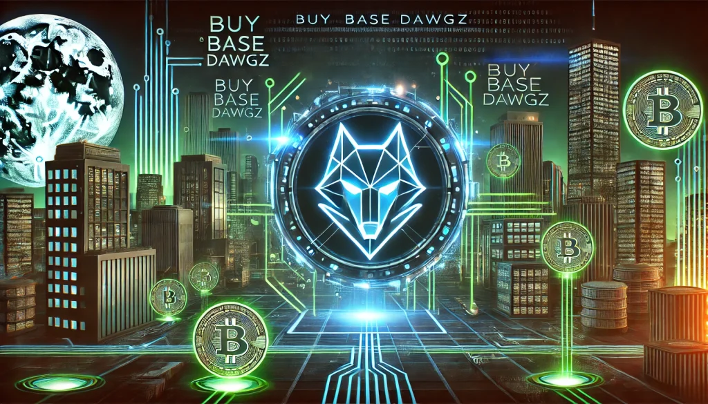 An ultra-modern scene featuring the glowing digital logo of the "Base Dogs" cryptocurrency. Surrounding the logo are blockchain symbols, digital coins, and lines of code, set against a high-tech cityscape. The image has a sleek, modern design with a dark color palette accented with neon blues and greens.