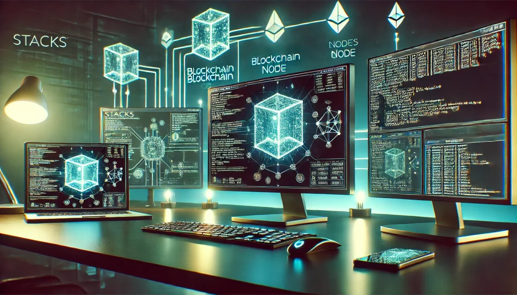 "A futuristic setting showing multiple monitors displaying blockchain data and code for configuring a Stacks blockchain node. The desk is sleek and glows with ambient blue and green lights, and in the background are digital network symbols representing blockchain connections.