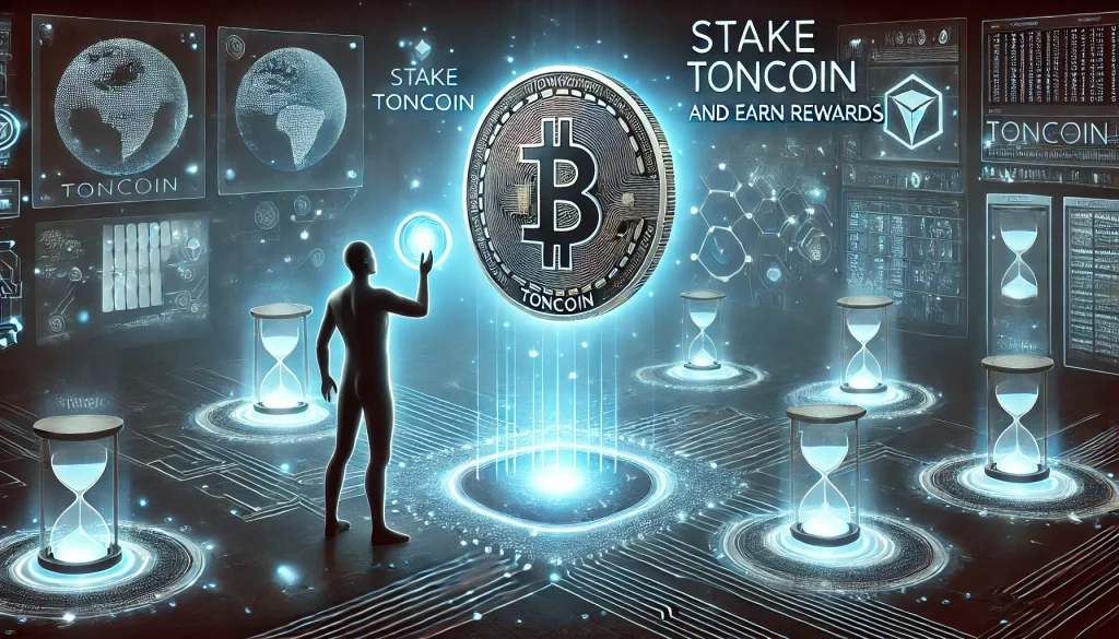 A technology-enhanced human silhouette interacts with a glowing Toncoin logo floating in a futuristic digital environment. Blockchain patterns and circuits fill the background, while smaller tokens float around the person, representing rewards.