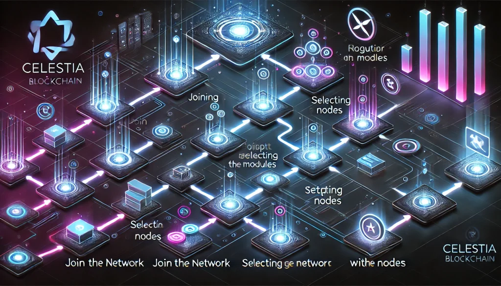 Step-by-step instructions: How to join Celestia's modular blockchain ecosystem: A step-by-step visual guide to joining Celestia's modular blockchain ecosystem. The image displays a sleek, futuristic design in neon colors on a dark background, with a series of icons representing each step connected by glowing lines or arrows.