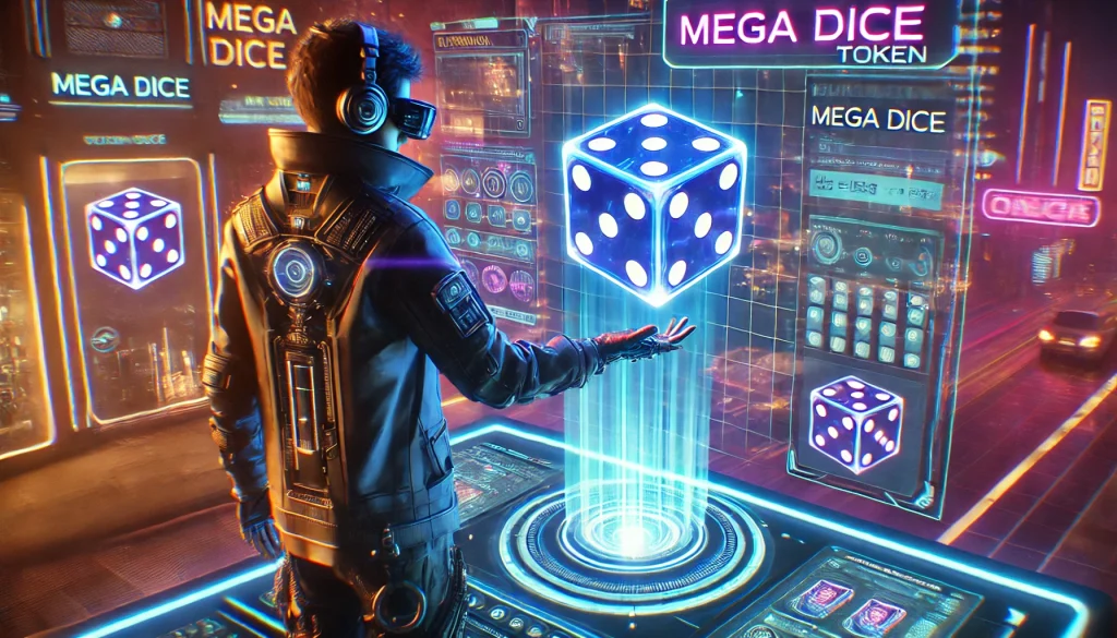 A person dressed in futuristic tech wear buys a Mega Dice token that glows on a holographic display. The setting is a vibrant cyberpunk city, filled with neon lights, digital interfaces, and holographic advertisements, creating a tech-driven atmosphere.