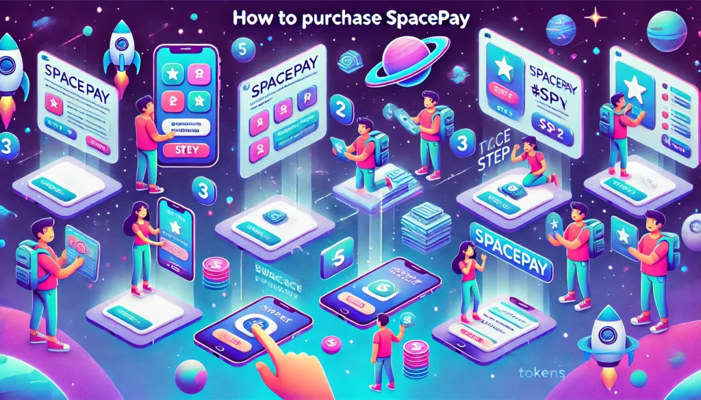 A colorful and playful step-by-step guide to buying SpacePay tokens. Futuristic floating panels with cartoon characters show each step in a space-themed environment with planets, stars, and spaceships. The background is a vibrant starry sky with bright shades of blue, purple, and pink.