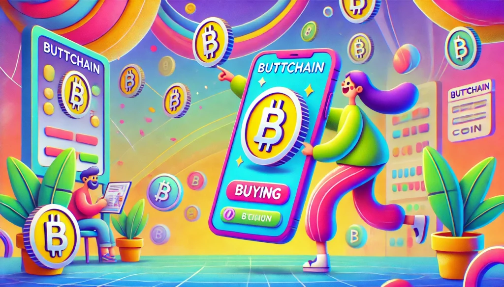 An energetic and humorous depiction of someone purchasing an "off-chain" meme coin. The character is holding a smartphone with the Buttchain logo on the screen, surrounded by floating coins, a digital wallet, and a whimsical digital marketplace with vibrant colors.