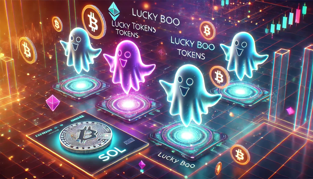 A slick digital interface that demonstrates the purchase of Lucky Boo tokens using SOL on the Solana blockchain. The interface displays floating tokens and Solana currency symbols with a futuristic, tech-inspired background.