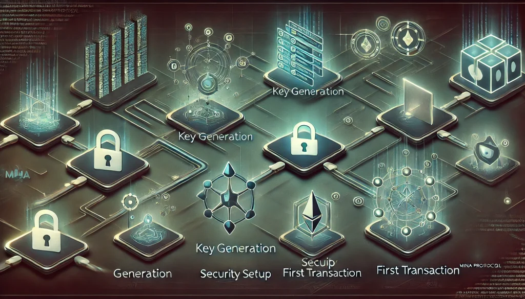 A visual guide to the art of creating a Mina Protocol wallet, with futuristic icons representing steps such as key generation, security settings, and first transactions. The icons are connected by encrypted data streams, all set against a dark background with blue and green accents.