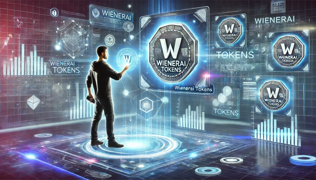 A person is interacting with a holographic digital platform to purchase Winner AI tokens. The scene is surrounded by glowing charts, icons, and transaction details. The technology-themed background includes data streams and blockchain elements that focus on the ease of purchasing in a futuristic digital world.