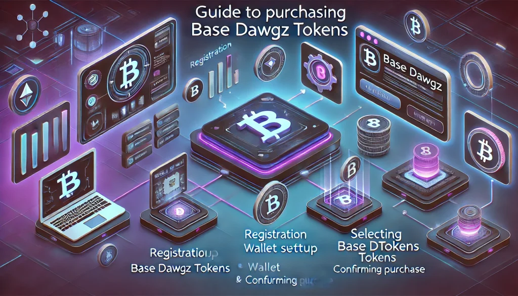 A modern, tech-themed guide to buying Base Dogs' tokens. The image includes step-by-step icons representing registration, wallet setup, token selection, and confirmation of purchase. The background features a futuristic digital interface with blockchain symbols and a floating holographic screen in neon colors.