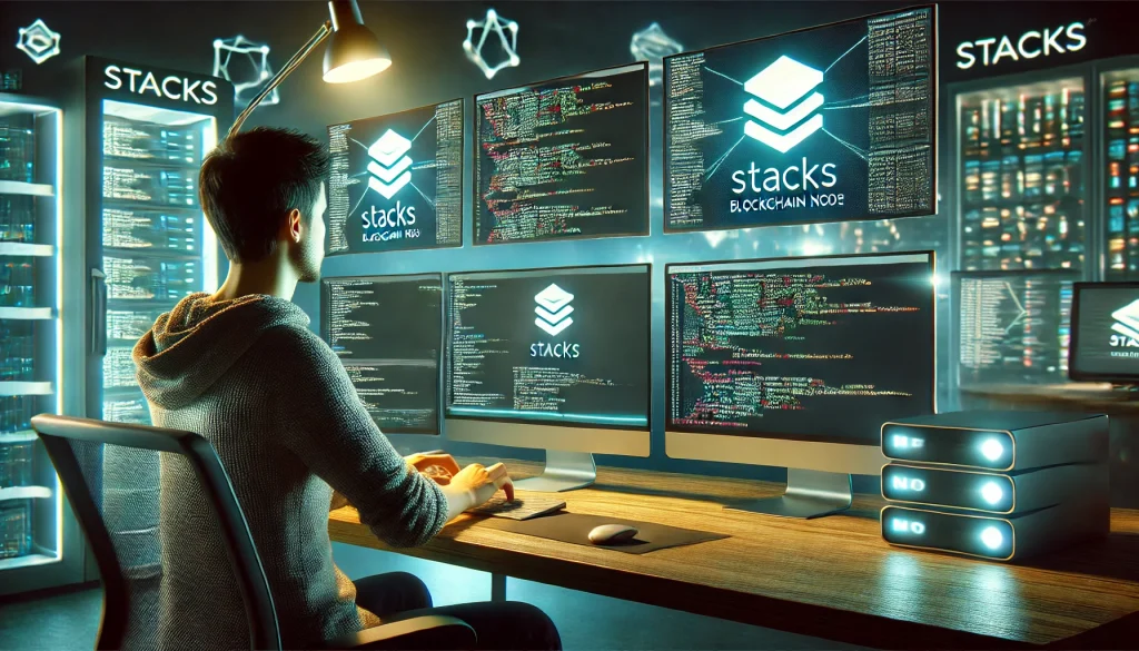 You're sitting at a modern desk with multiple monitors, typing in code to set up a Stacks blockchain node. The screens show blockchain data and node connections, and the ambient lighting and high-tech equipment create a professional, tech-focused atmosphere.