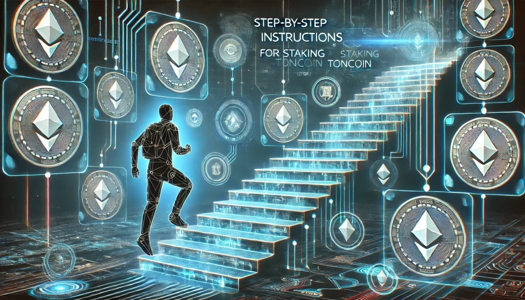 A person climbs a futuristic staircase, each step featuring a floating digital screen showing staking instructions. The staircase is decorated with glowing technological elements and blockchain patterns. The Toncoin logo symbolizes progress and floats alongside the figures.