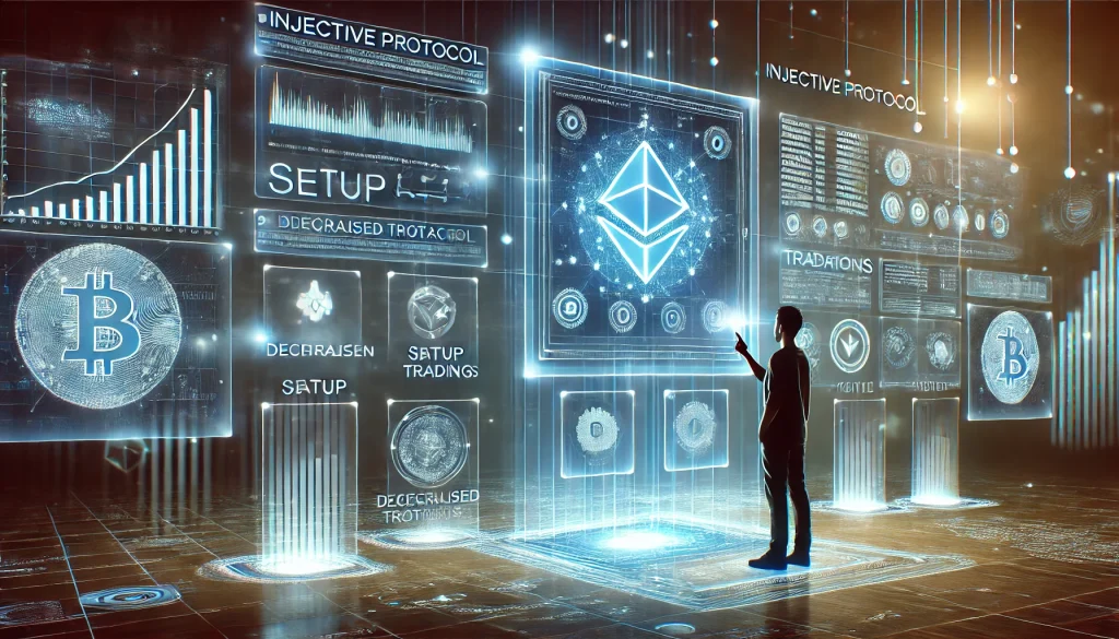 Step-by-step guide of the injection protocol A human interacts with the holographic interface by following a step-by-step guide of the injection protocol. Floating digital panels display the various steps in the guide, including setup and transactions. The background includes blockchain symbols, transaction data, and a sleek tech-themed design of neon lights.