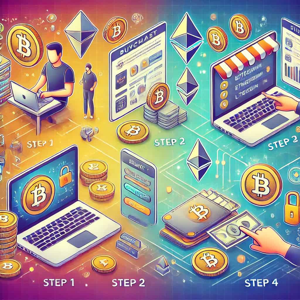 A step-by-step guide to buying and storing cryptocurrency. Step 1 shows a person signing up for a cryptocurrency exchange using a laptop. Step 2 shows someone selecting and purchasing a cryptocurrency, such as Bitcoin, Ethereum, or Litecoin. Step 3 shows moving the cryptocurrency to a secure digital wallet. Step 4 emphasizes storing and managing cryptocurrency with security icons. The background is clean and modern.