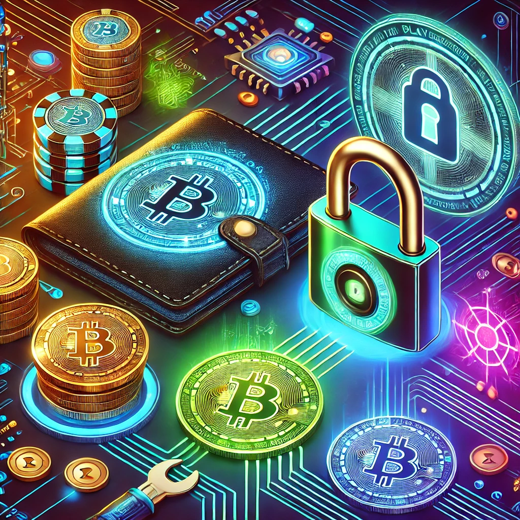 An image depicting the concept of purchasing and securing PlayDoge cryptocurrency. The scene includes a digital wallet with the PlayDoge logo, a lock symbolizing security, and cryptocurrency coins with the PlayDoge emblem. The background has digital circuits, blockchain symbols, and glowing neon lights to emphasize the high-tech and secure atmosphere.