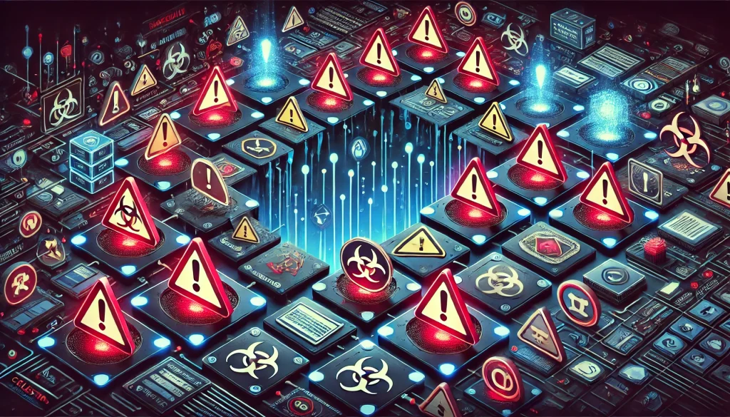 Pitfalls to avoid in the Celestia ecosystem: A cautionary image that uses dark colors with glowing red and blue warning symbols to show pitfalls to avoid in the Celestia ecosystem. The pitfalls are labeled with pitfalls, broken chains, and error symbols to highlight common mistakes such as misconfigured nodes and security risks.