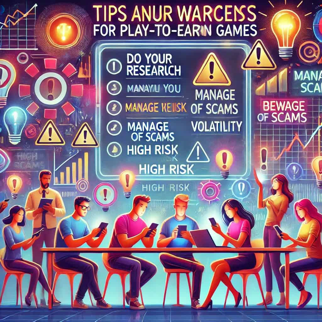 An energetic, dynamic scene that illustrates the "Tips and Warnings for Success in Play-to-Adult Games". this Play to earn games features a variety of characters associated with digital devices surrounded by visual elements such as light bulbs and exclamation points. The background includes a whiteboard or large screen with warnings like "High Risk" and "Volatility" and tips like "Do Your Research," "Manage Your Time," and "Scams. The characters appear to be focused and paying attention.