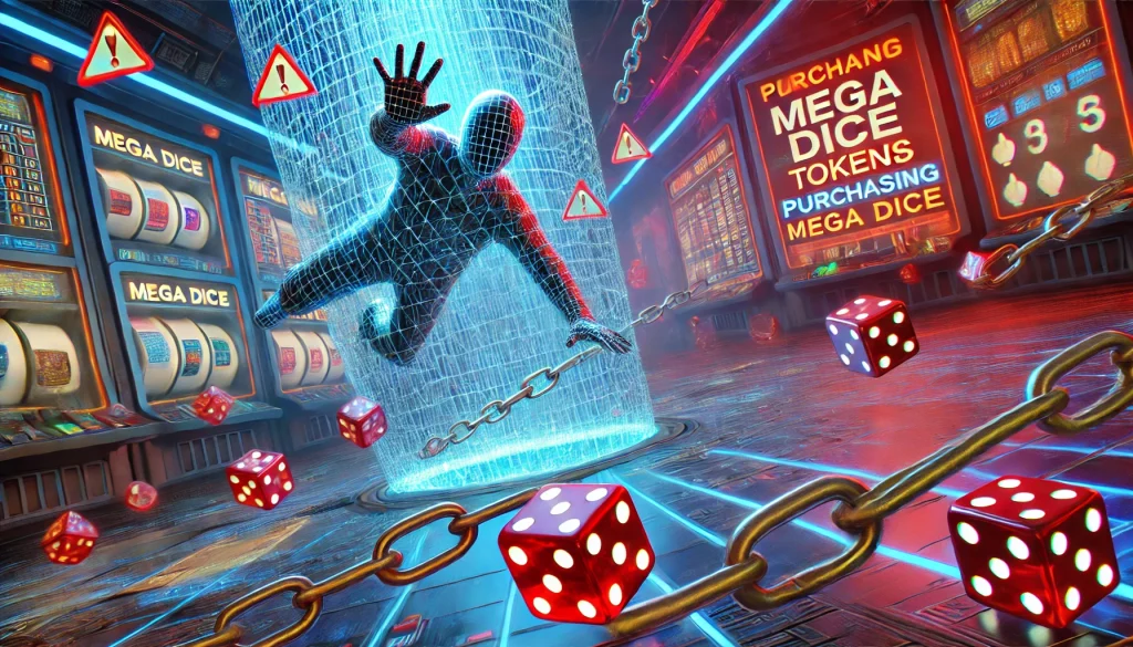 While trying to purchase a giant dice token, a person in tech wear falls into a digital trap, symbolized by a glowing chain. Red warning signs and holographic warnings fill a neon-lit cyberpunk environment that illustrates the dangers of common pitfalls when making purchases.