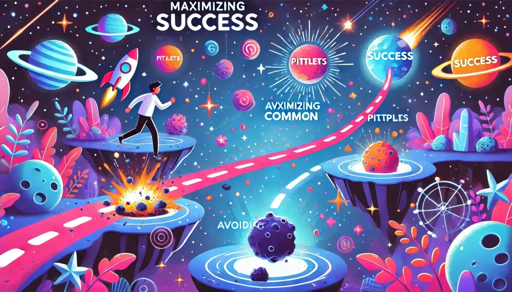 Energetic scenes of characters sailing through space environments, avoiding obstacles like asteroids called "traps," and heading toward a shining planet called "success. Its space-themed backdrop includes colorful planets and stars in bright, playful colors like blue, pink, and purple