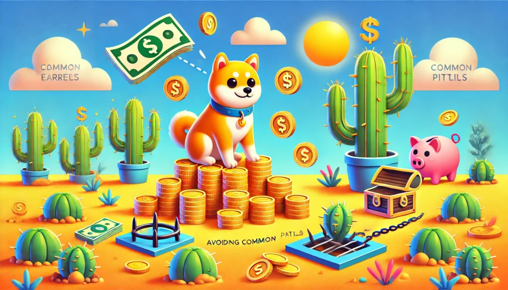 One Shiba Inu stands triumphantly atop a pile of gold coins, while another carefully avoids a trap: a cactus with a hole in the ground and dollar signs. The scene is colorful with floating coins, dollar bills, treasure chests, and a bright desert background.