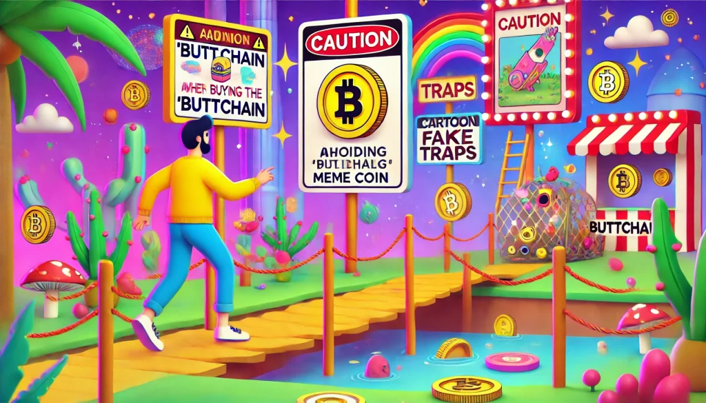 A playful and colorful scene showing a person navigating a path filled with humorous obstacles such as exaggerated warning signs, cartoon traps, and banana peels while trying to buy a "naked" meme coin. The background features energetic elements such as floating coins, rainbows, and sparkles, emphasizing a lighthearted approach to caution.