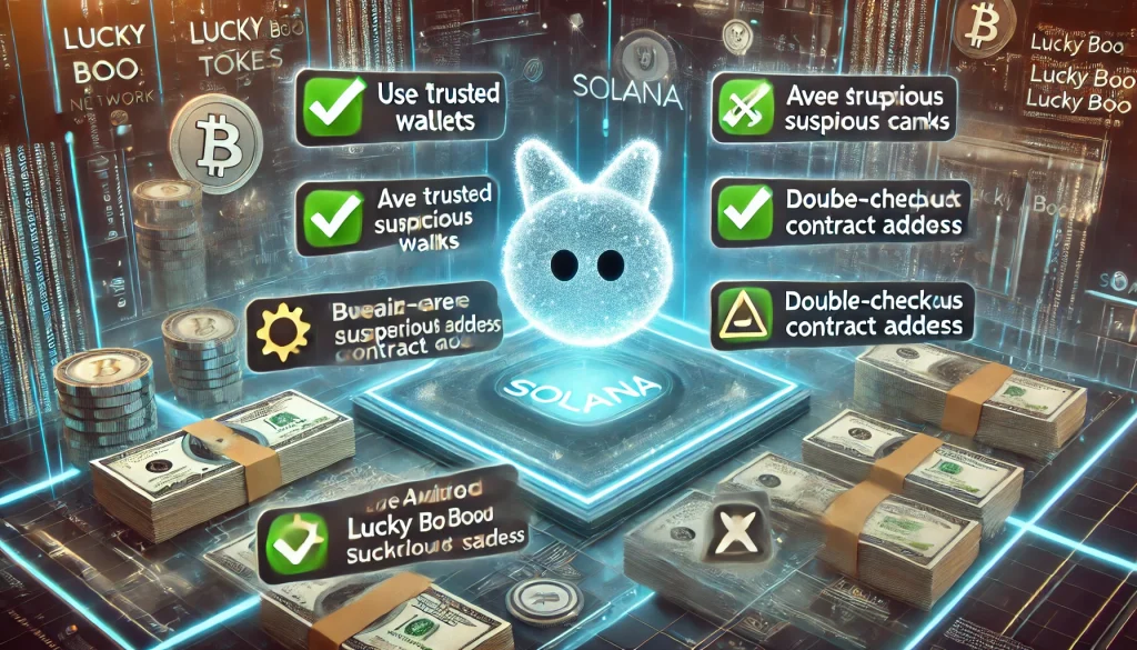 A digital checklist interface that highlights key considerations when buying Lucky Boo tokens on Solana. Mistakes like "Avoid suspicious links" are marked with a warning symbol and "Use a trusted wallet" is emphasized. The background features abstract blockchain graphics and tokens.