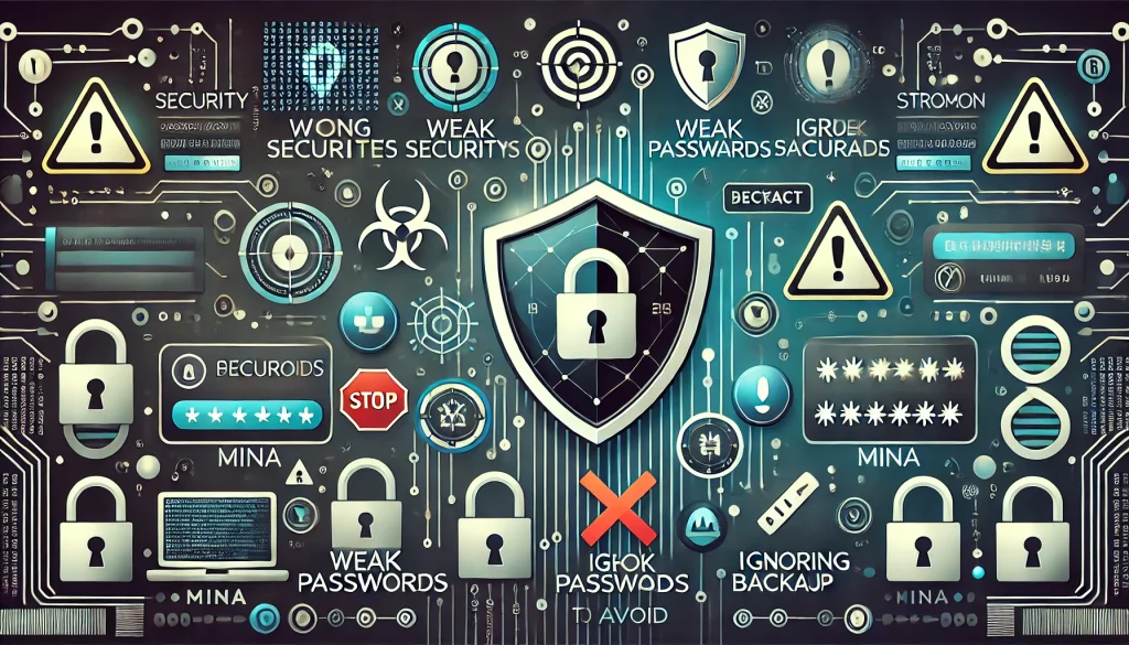 This is a visual representation of security tips and mistakes to avoid when setting up a Mina Protocol wallet. One side shows security symbols like shields and padlocks, while the other side shows warning signs like exclamation points and crosses. The background features an encrypted data stream using a dark tech-inspired theme with blue and green highlights.