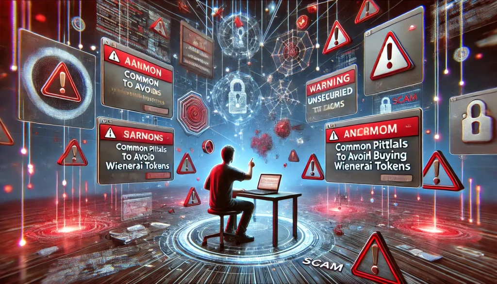 A technology-themed scene showing a person facing potential pitfalls while purchasing Winner AI tokens. The holographic interface displays warning symbols, red error messages, and fraud warnings, while a chaotic background shows broken blockchain links and flawed data streams to highlight potential pitfalls.