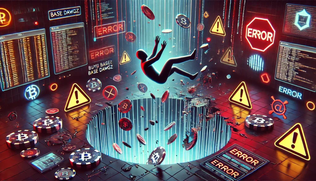 A dramatic scene showing a figure falling into a dark digital pit, symbolizing the risks of purchasing the Base Dogs token. The pit is surrounded by warning signs, broken coins, shattered cryptocurrency wallets, and glitchy code. Neon-colored lights and error messages float in the air, creating an ominous, tech-centric atmosphere.