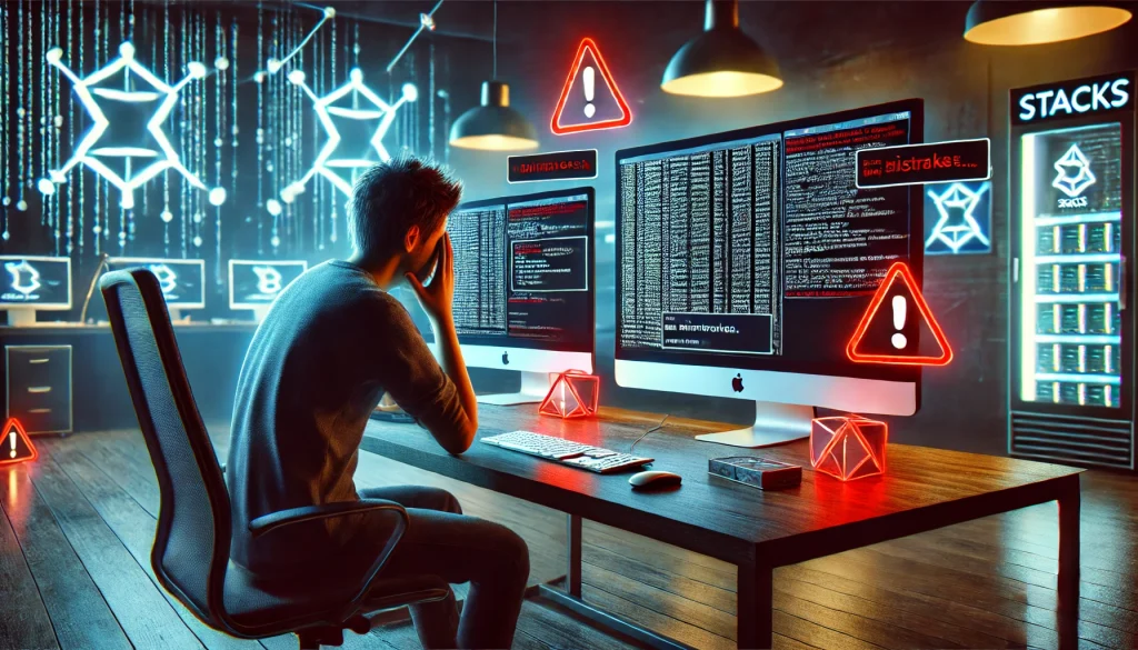 It realistically depicts a person in a modern tech workspace, frustrated by computer errors and warnings while setting up a Stacks blockchain node. The person is surrounded by multiple monitors and a glowing keyboard, emphasizing the stress of fixing a blockchain node's misconfiguration.