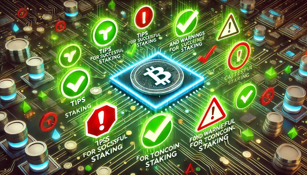 A technology-themed image with a central Toncoin logo and floating icons representing tips and warnings. A green checkmark and arrow represent tips, and a red exclamation point and caution sign represent warnings. The background is a digital landscape with a circuit board pattern.