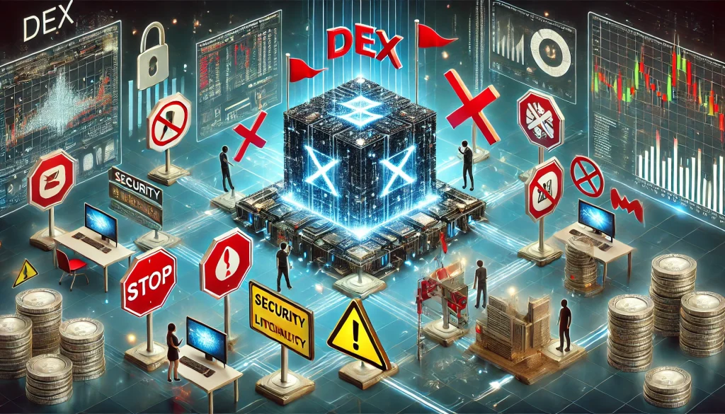 The digital structure that represents a decentralized exchange (DEX) is surrounded by warning signs that symbolize common pitfalls, such as security vulnerabilities, poor liquidity, and user interface issues. Broken locks, blank charts, and glitchy panels represent these issues as a person or team tries to navigate through them in a futuristic blockchain-like environment.