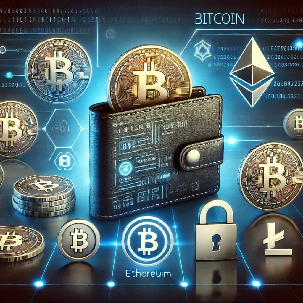 A digital wallet with Bitcoin, Ethereum, and Litecoin icons, surrounded by padlock, encryption code, and shield icons to represent security features. The sleek, futuristic design with dark tones and glowing blue lines in the background emphasizes the safety and modernity of cryptocurrency transactions