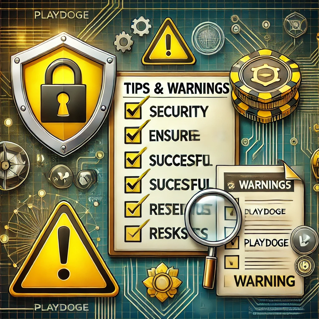 A visual representation of tips and warnings for safe PlayDoge purchases. The image includes a checklist with icons such as a shield for security, a magnifying glass for research, and a yellow warning sign for potential dangers. The background is a technology theme with a digital lock, blockchain patterns, and a subtle PlayDoge logo using colors that convey caution and success.