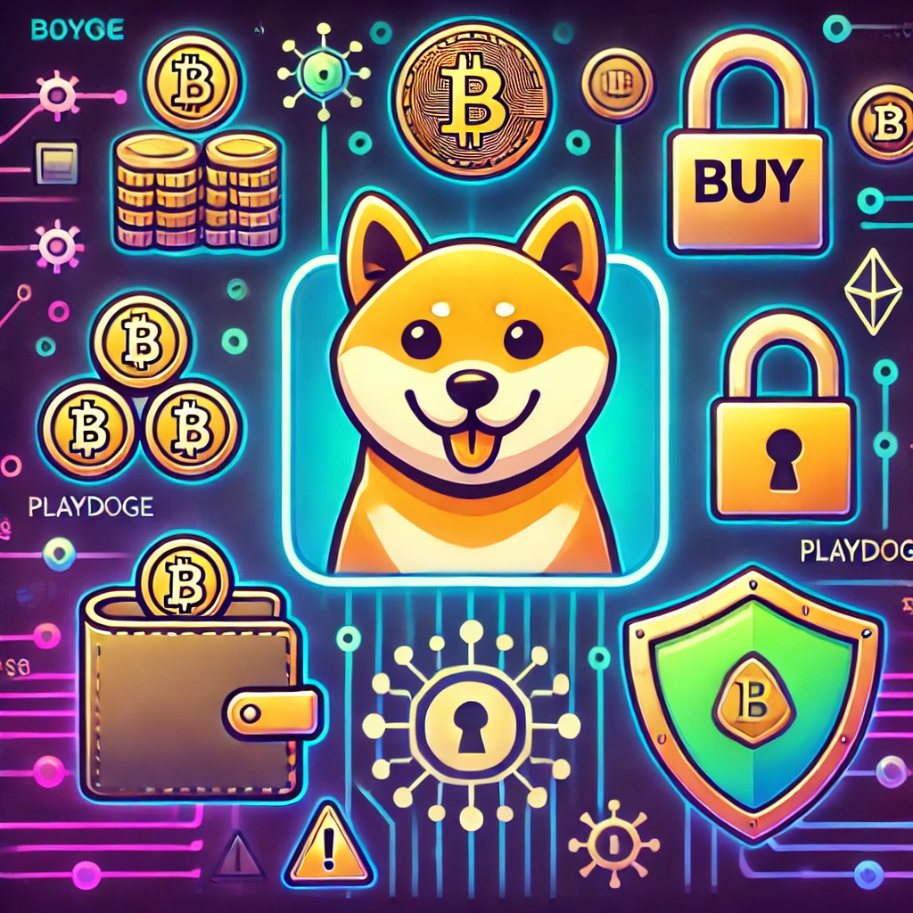 PlayDoge's futuristic logo features a playful Shiba Inu dog wearing tech accessories like headphones against a backdrop of digital circuits and neon lights. The 'PlayDoge' logo text is displayed in a bold, glowing font that blends seamlessly with the tech-themed environment.