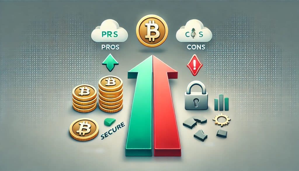 A balanced image representing the pros and cons of Bitcoin. The left side shows the pros with a green up arrow, a stack of coins, and a security lock symbol. The right side shows the disadvantages with a red down arrow, broken coins, and a warning symbol. The background transitions from light gray on the left to dark gray on the right, creating a clean, modern design.