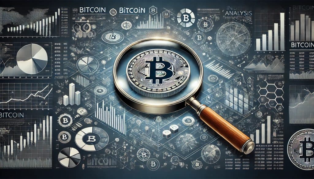 A detailed and sophisticated image representing an in-depth analysis of Bitcoin. It features a magnifying glass focused on the Bitcoin symbol, surrounded by detailed charts, graphs, and data points. The background is a gradient of dark blue and black, with blockchain patterns, financial statistics, and analytical tools integrated into the design to emphasize the professional and analytical tone.