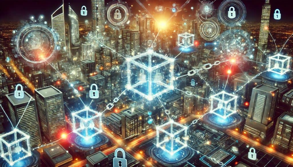 An ultra-modern illustration of blockchain technology in 2024. The image features interconnected blocks and chains, highlighted by bright neon lights symbolizing data and transactions. A digital cityscape with holographic interfaces, floating data streams, and advanced computer screens appear in the background, creating a high-tech and dynamic atmosphere.