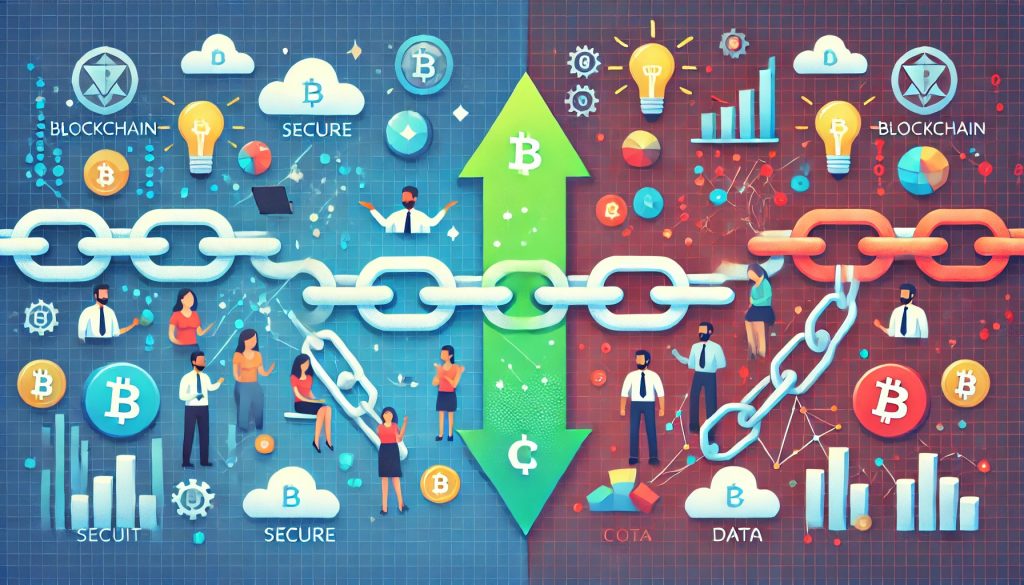 A balanced illustration representing the pros and cons of blockchain technology. The image is divided into two halves: the left side is light in color, showing a secure chain, green top graph, happy users, and smooth data flow. The right side is darker, highlighting broken chains, a red bottom graph, concerned users, and tangled data lines, creating a modern, futuristic theme.