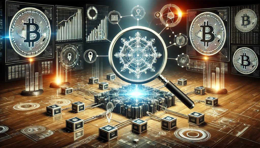 A detailed and analytical example of blockchain technology, it features a central magnifying glass that highlights the complex network of interconnected blocks and chains. Surrounding the magnifying glass are charts, graphs, and data streams, symbolizing thorough research. The scene includes futuristic elements such as holographic displays and advanced digital interfaces to create an atmosphere of high technology and sophistication.