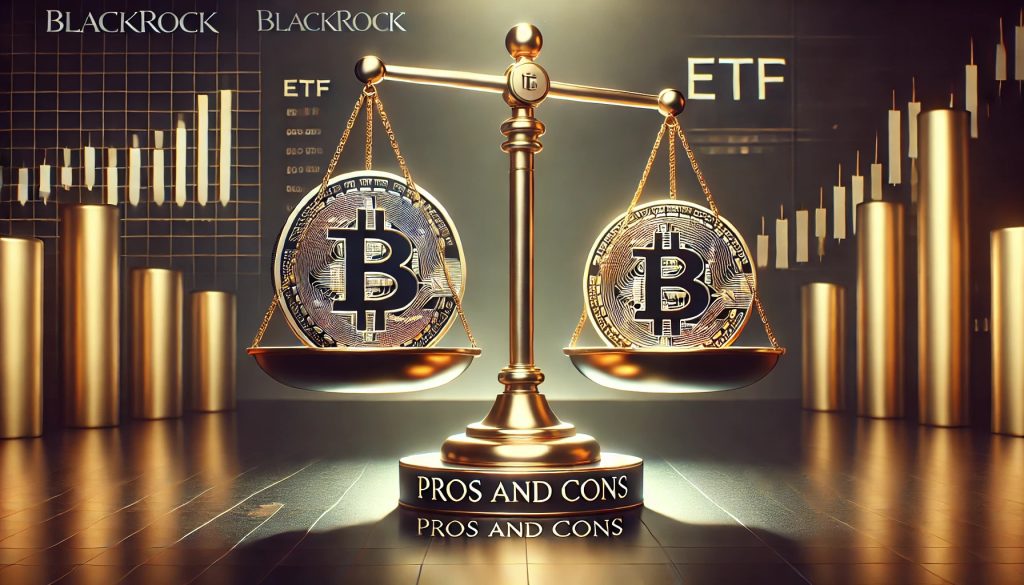 Image from an article about BlackRock's Bitcoin ETF and its pros and cons. It includes the BlackRock logo, the Bitcoin symbol, and a balancing scale symbolizing pros and cons. The background is darkened with gold accents, and the text "pros and cons" is prominently displayed in a bold, professional font.