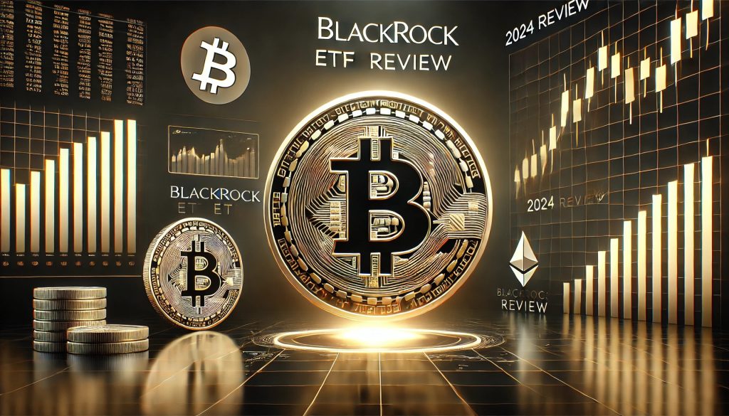 This is an image of an article titled "BlackRock's Bitcoin ETF Review 2024". It contains the BlackRock logo with the Bitcoin symbol and a stock market graph showing growth. The background is dark with gold accents, and the text "2024 Review" stands out in a bold, professional font.