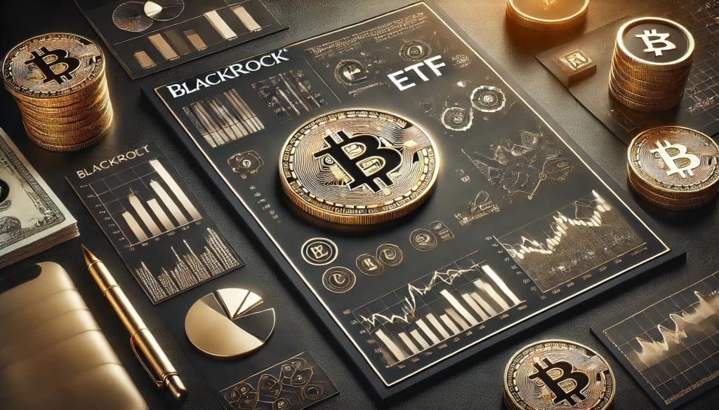 An image for an in-depth analysis of BlackRock's Bitcoin ETF. It includes elements such as the BlackRock logo, the Bitcoin symbol, and graphs, charts, and analytical tools representing a detailed review. The background is darkened with gold accents to give it a sleek, modern look. The image does not contain any text.