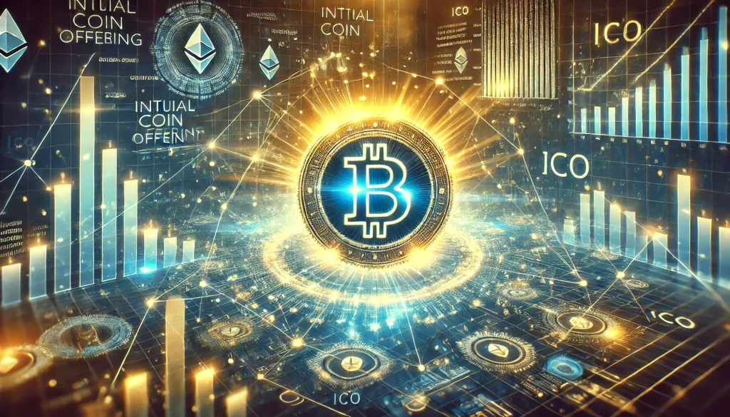 A glowing cryptocurrency coin symbol emerges from a network of blockchain nodes against a financial graph to represent an initial coin offering (ICO).